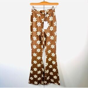 Dolls Kill Brown White Floral Fit & Flare Hippie Boho Bell Bottom Pants